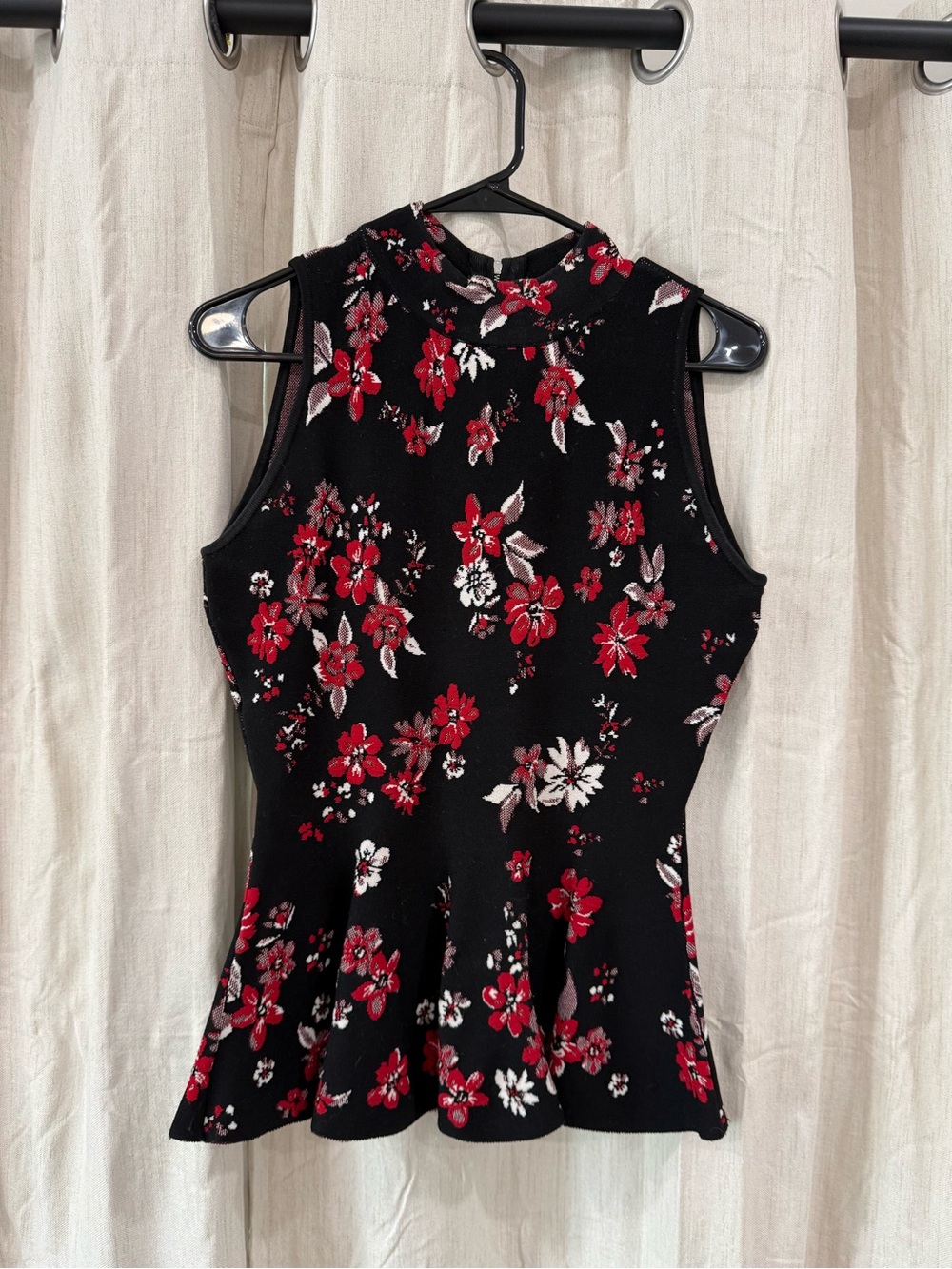 Milly Black Floral Sleeveless Peplum Top with Red & White Flowers